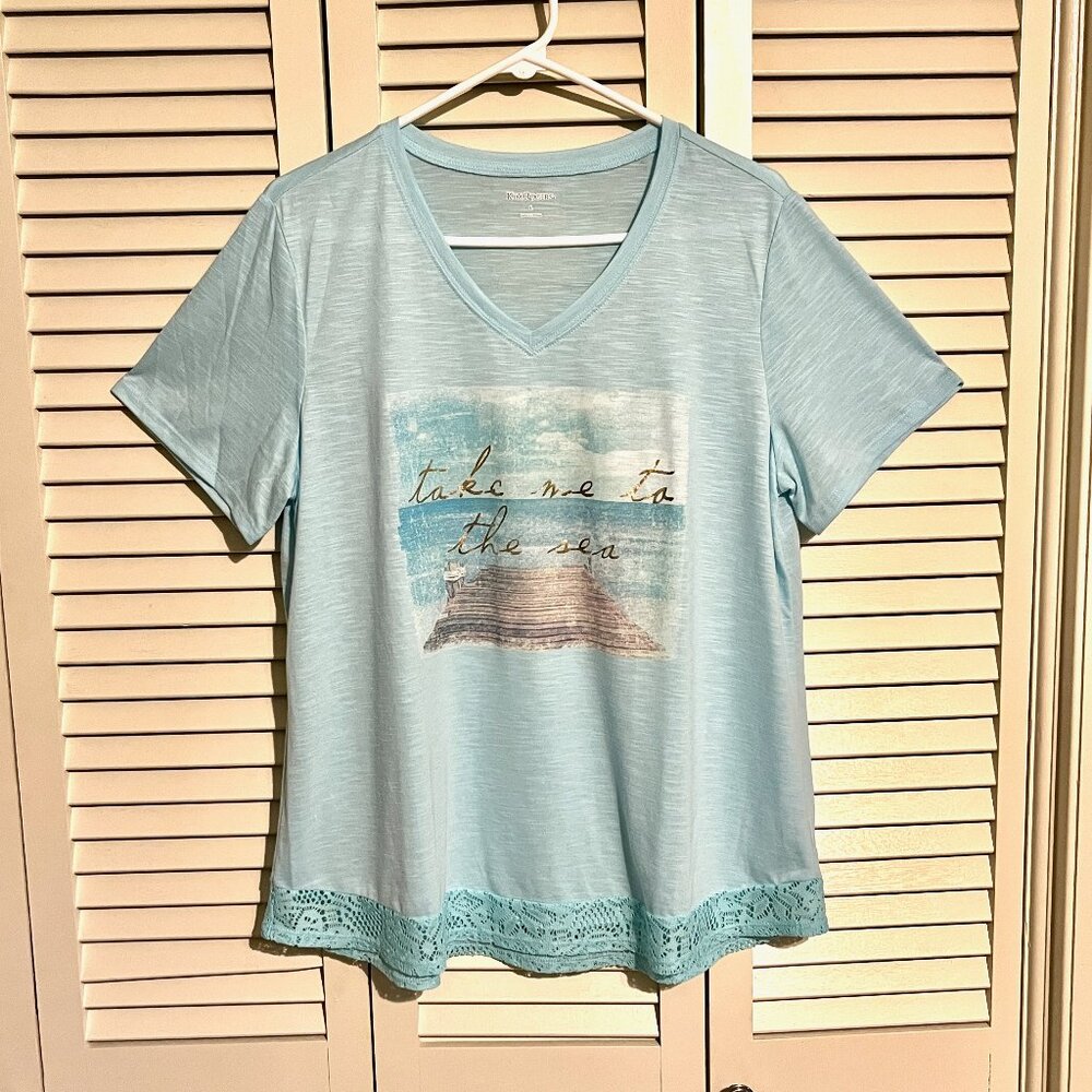 Kim Rogers T-Shirt * Sz Lrg * Take Me To The Sea * Lace Hem * New w/o Tag - Picture 2 of 4